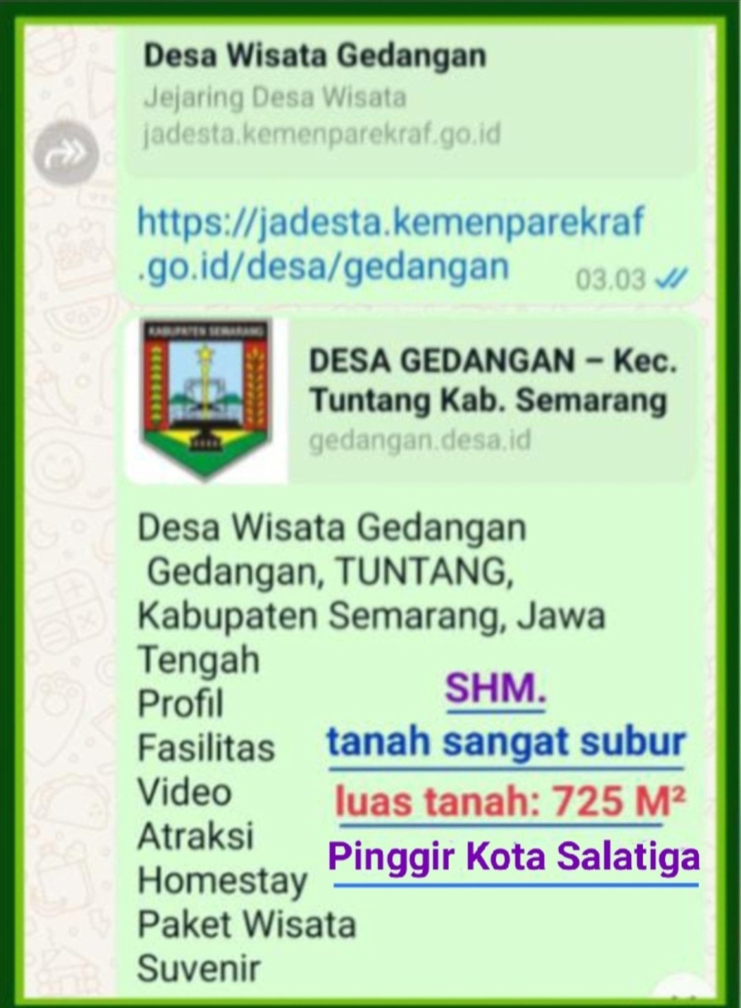 Dijual tanah SHM LT 725 Desa Wisata pinggir kota Salatiga